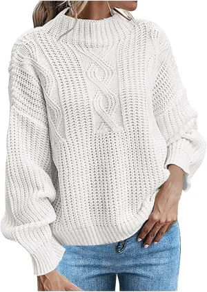 Women Long Sleeve Cable Knit Sweater Crewneck Loose Casual Pullovers Warm Lightweight Sweaters