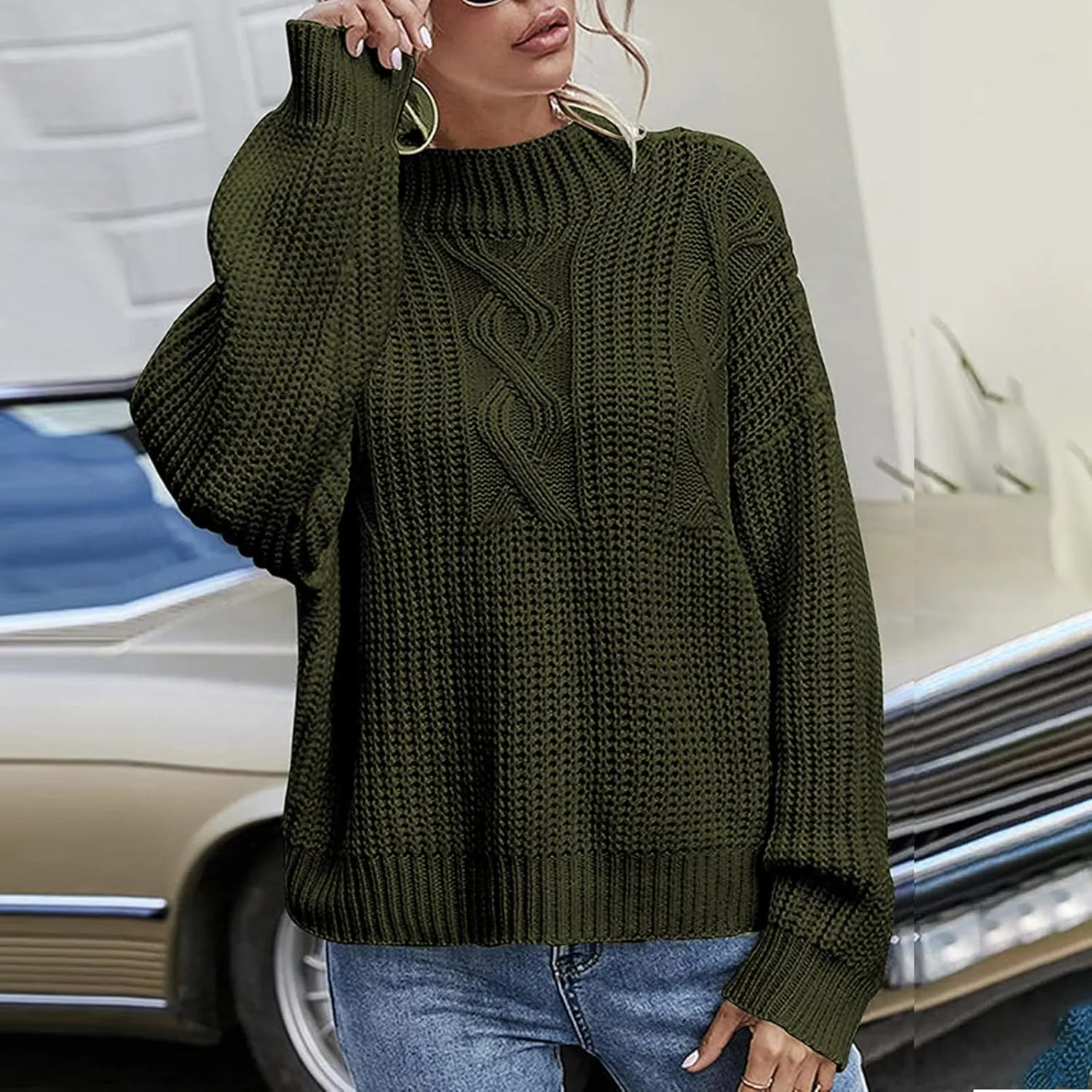 Women Long Sleeve Cable Knit Sweater Crewneck Loose Casual Pullovers Warm Lightweight Sweaters