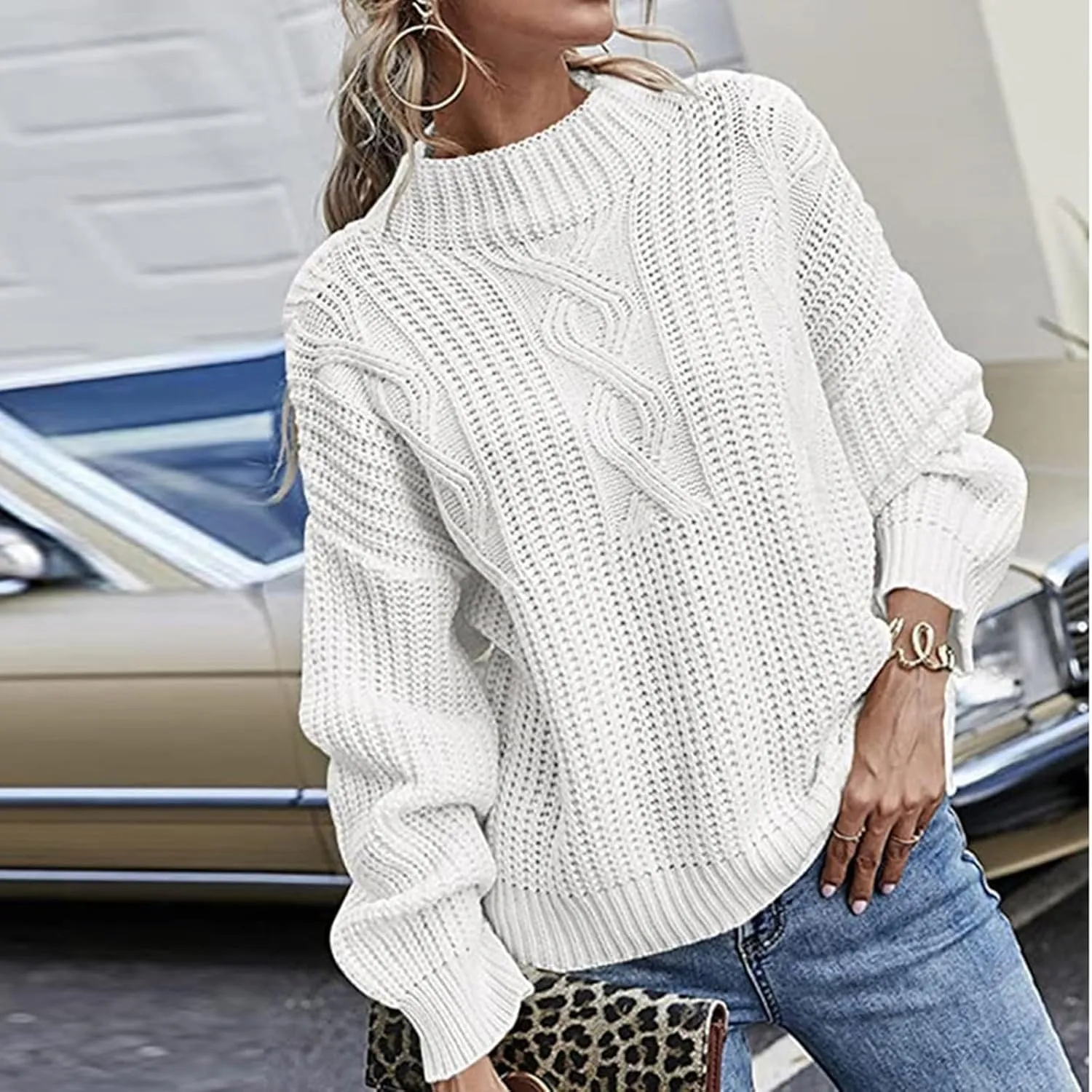 Women Long Sleeve Cable Knit Sweater Crewneck Loose Casual Pullovers Warm Lightweight Sweaters