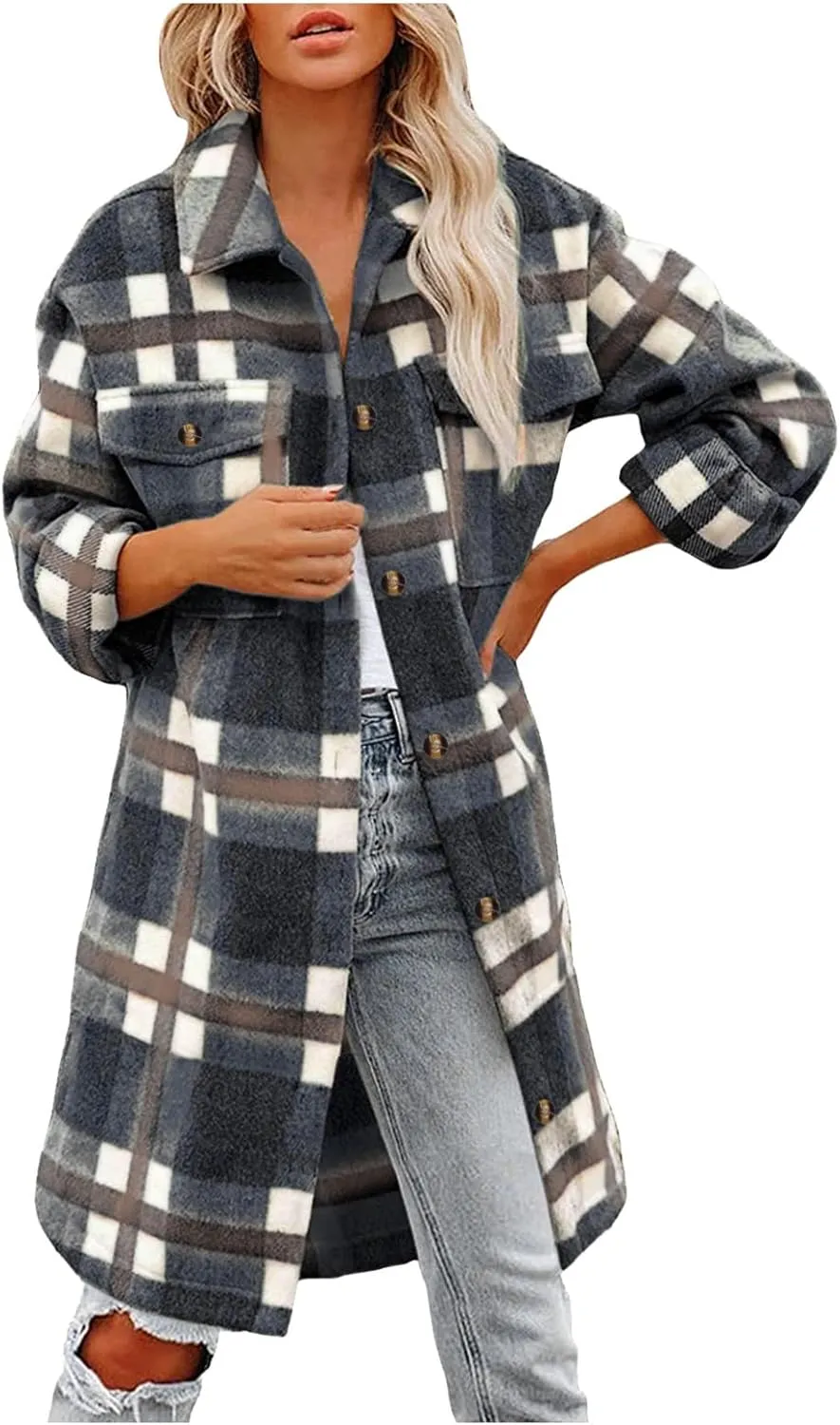 Women Long Sleeve Plaid Print Button Open Front Long Coat Cardigan Outerwear Leopard Kimono