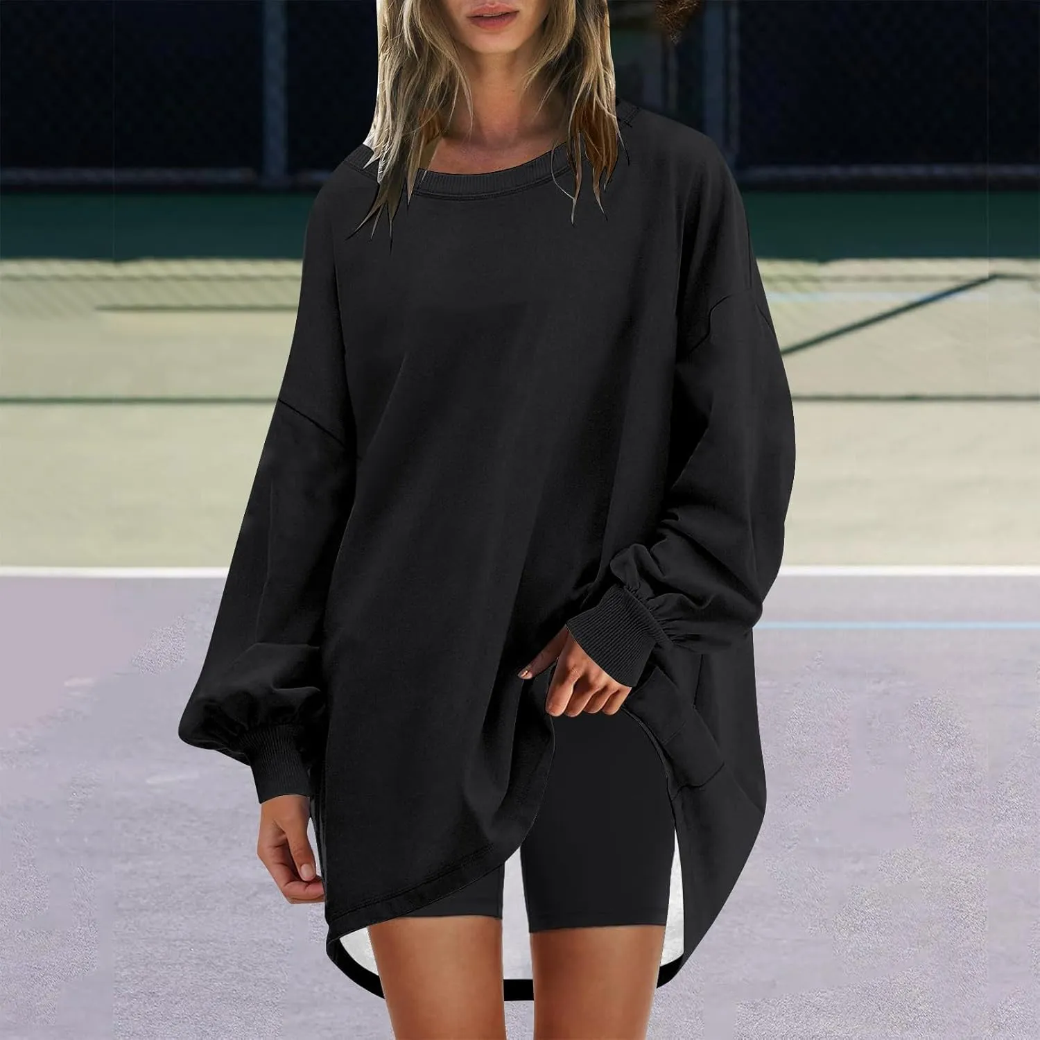 Women Oversized Striped Crewneck Sweatshirt Women's Large Round Neck Sports Oversize Lantern Sleeve Pullover