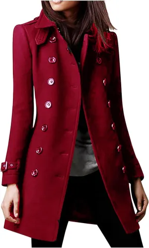 Women Trench Coat Winter Slim Outerwear Casual Classic Lapel Overcoats Elegant Double-Breasted Jackets