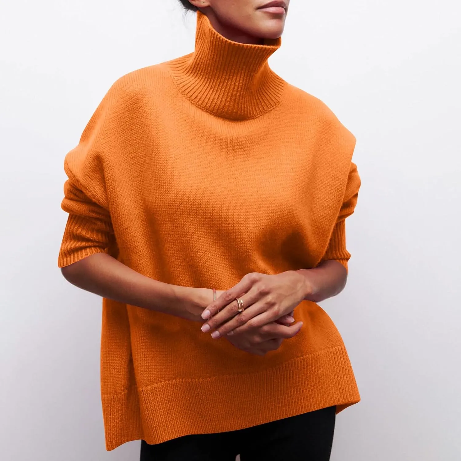 Women Turtleneck Sweater Oversized Chunky Batwing Sleeve Knitted Pullover High Low Hem 2023 Winter Basic Jumper Top