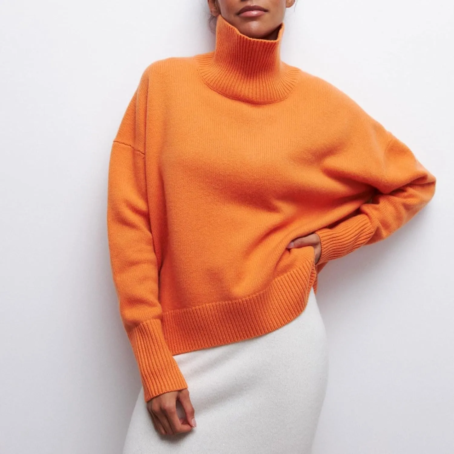 Women Turtleneck Sweater Oversized Chunky Batwing Sleeve Knitted Pullover High Low Hem 2023 Winter Basic Jumper Top