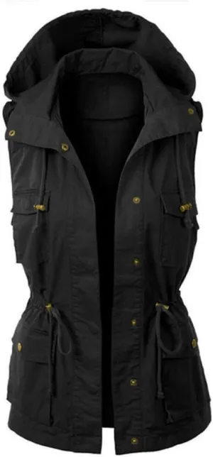 Women Utility Safari Vest Lightweight Sleeveless Hooded Drawstring Jackets with Pockets Anorak Outwear Cargo Vest