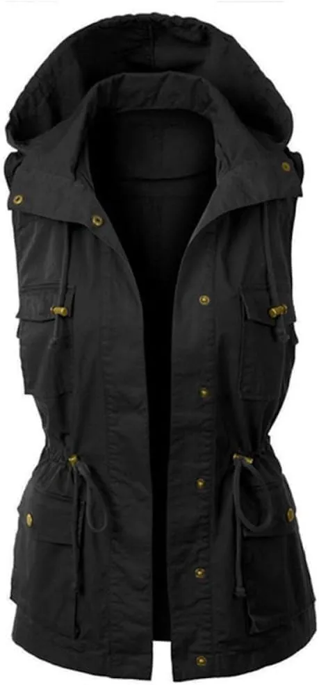 Women Utility Safari Vest Lightweight Sleeveless Hooded Drawstring Jackets with Pockets Anorak Outwear Cargo Vest