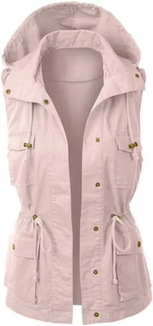 Women Utility Safari Vest Lightweight Sleeveless Hooded Drawstring Jackets with Pockets Anorak Outwear Cargo Vest
