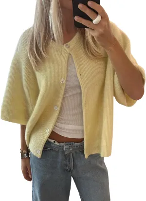 Women Y2k Knitted Crop Cardigan Short Sleeve Button Up Rib Knit Solid Color Cute Sweater Shirt