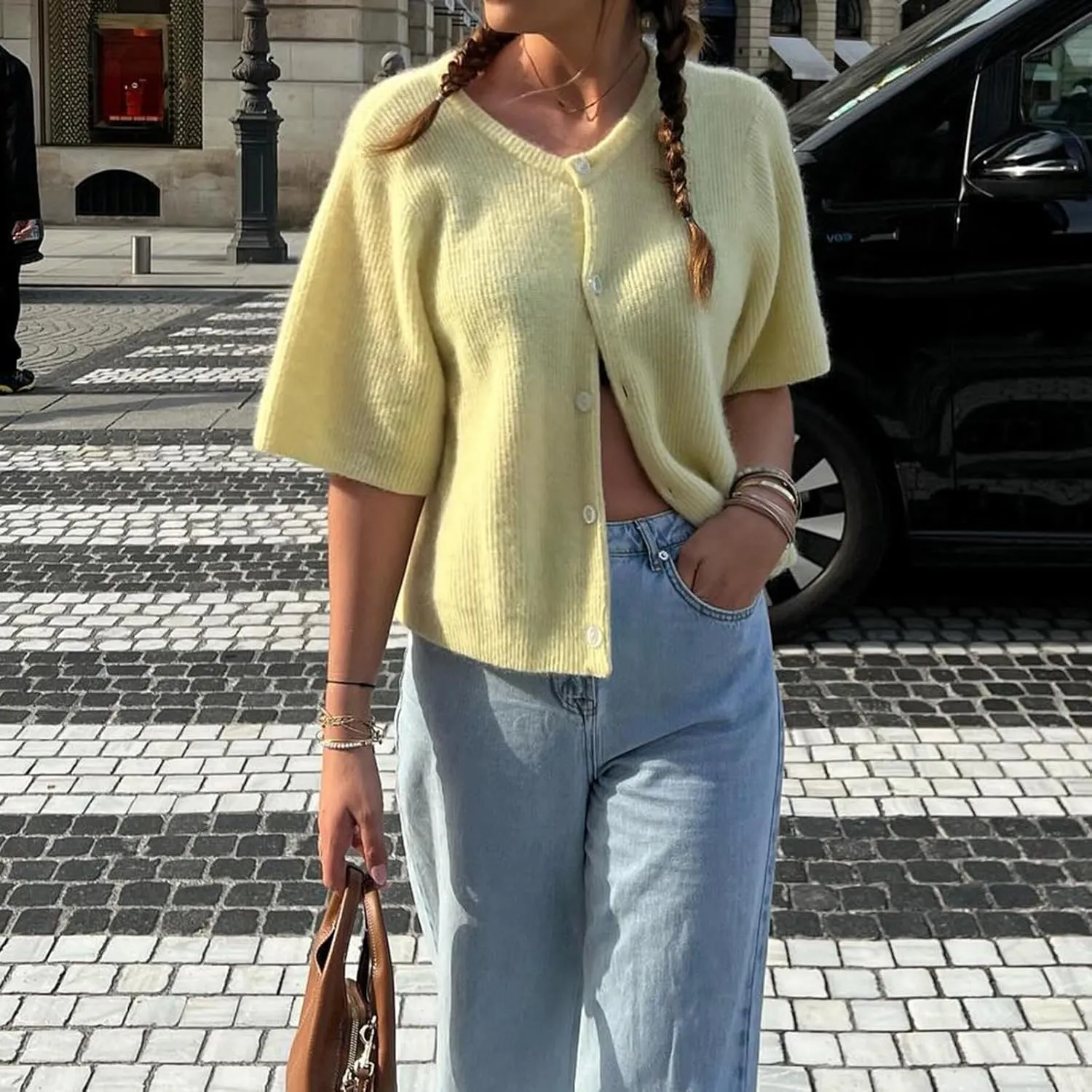 Women Y2k Knitted Crop Cardigan Short Sleeve Button Up Rib Knit Solid Color Cute Sweater Shirt
