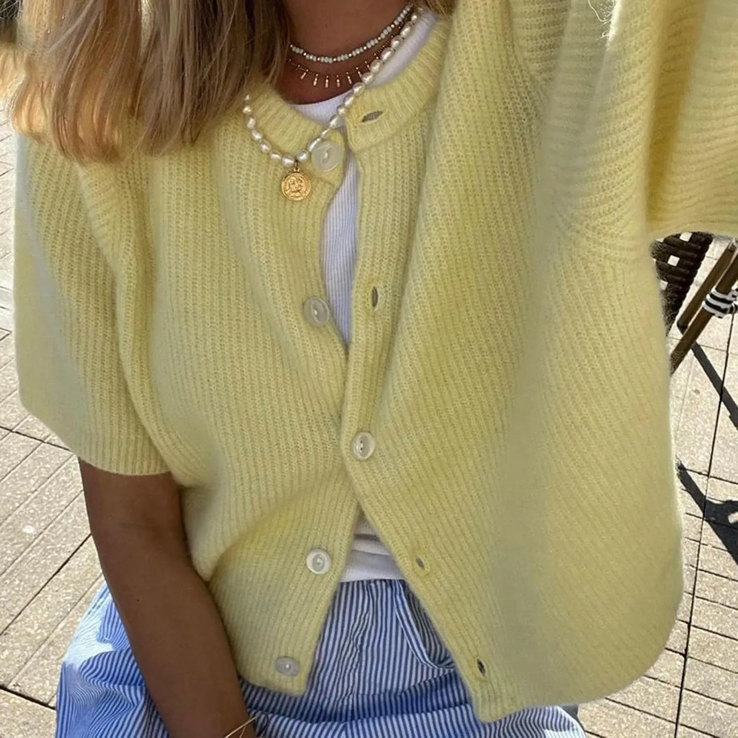 Women Y2k Knitted Crop Cardigan Short Sleeve Button Up Rib Knit Solid Color Cute Sweater Shirt