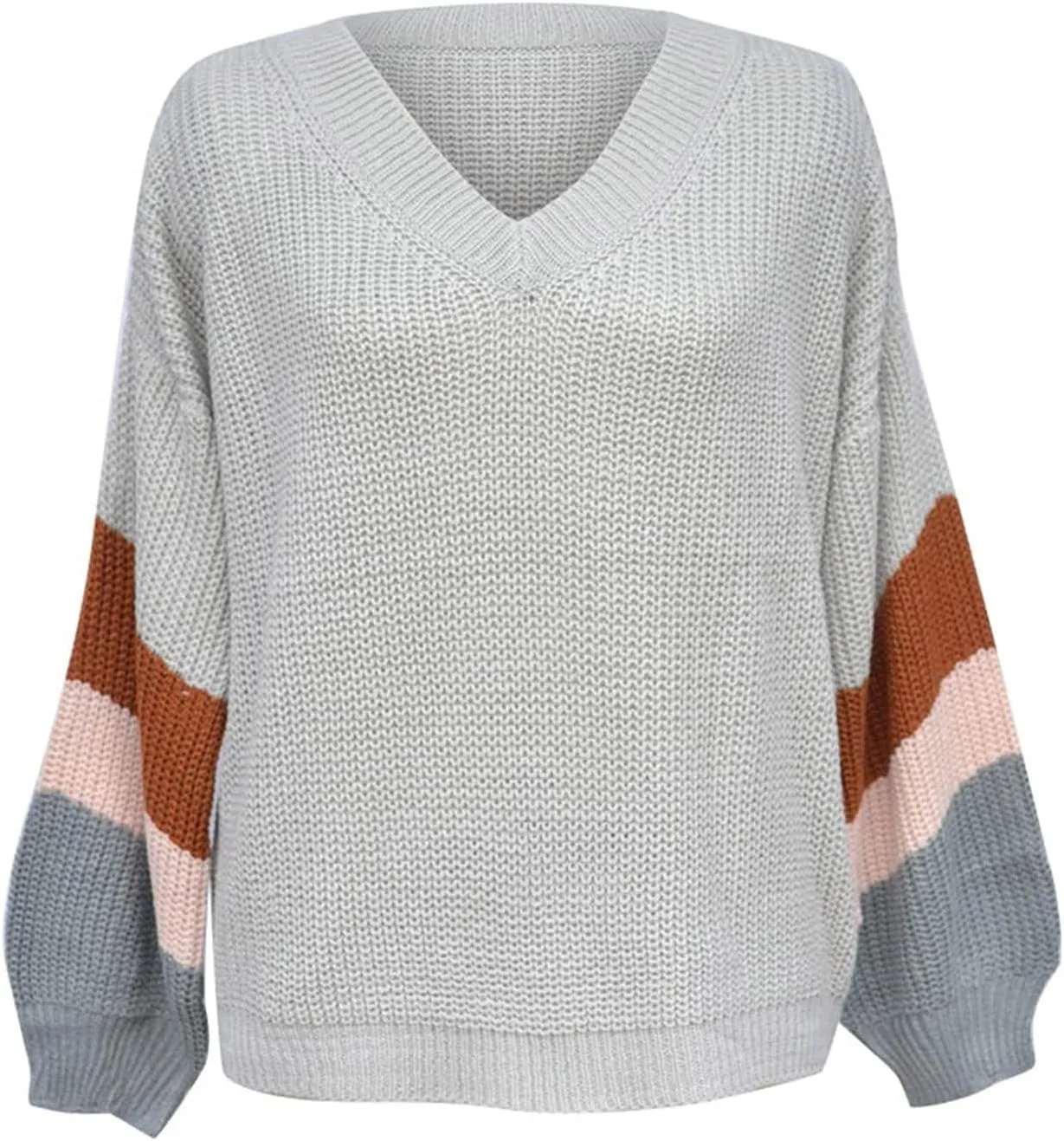 Womens 2023 Fall Casual Loose Sweaters Color Block Long Sleeve V Neck Cable Knitted Pullover Tops Sweaters for Women