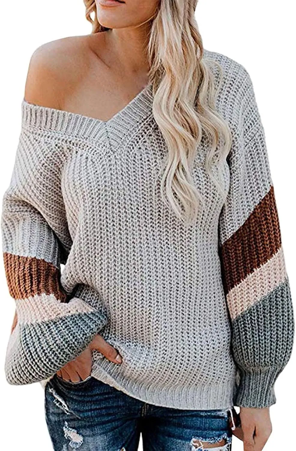 Womens 2023 Fall Casual Loose Sweaters Color Block Long Sleeve V Neck Cable Knitted Pullover Tops Sweaters for Women