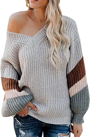 Womens 2023 Fall Casual Loose Sweaters Color Block Long Sleeve V Neck Cable Knitted Pullover Tops Sweaters for Women