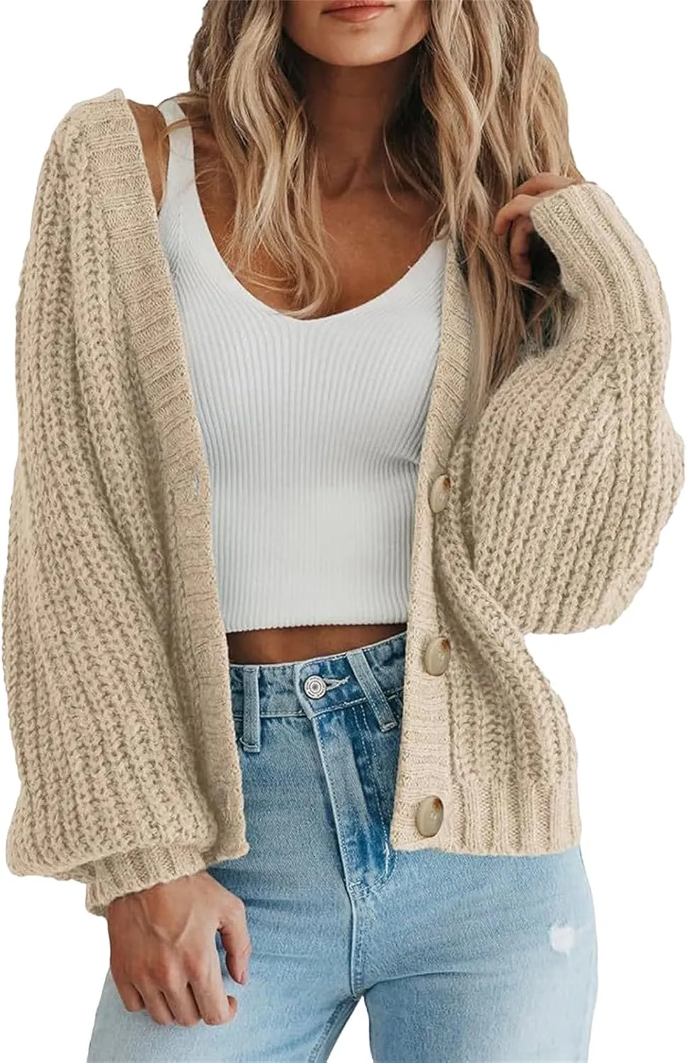Women's 2023 Fall Open Front Chunky Knit Sweater Cardigan Oversized Basic Lantern Sleeve Button Down Cropped Outerwear