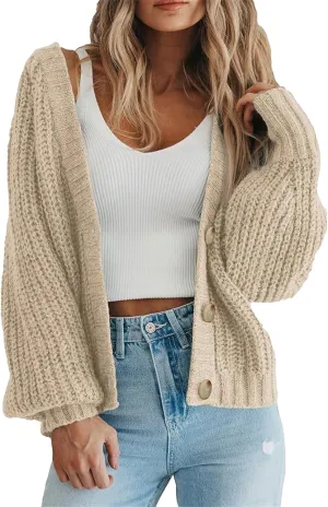 Women's 2023 Fall Open Front Chunky Knit Sweater Cardigan Oversized Basic Lantern Sleeve Button Down Cropped Outerwear