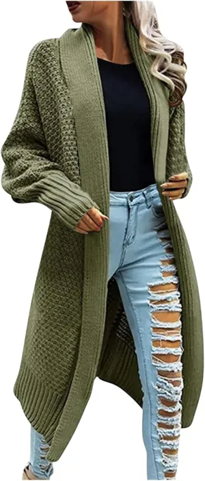 Women's 2023 Fashion Casual Open Front Long Sleeve Chunky Cable Knit Long Cardigans Knitwear Sweaters Outerwear Coats