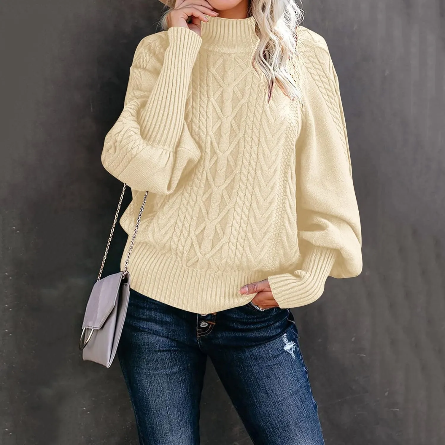 Women's 2024 Fall Long Sleeve Sweaters Cable Knitted Turtleneck Oversized Pullover Tops Fall Winter Comfort Sweaters