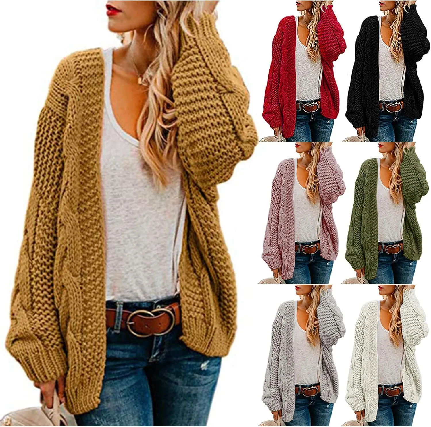 Womens 2024 Fall Open Front Chunky Knit Cardigan Sweaters Oversized Lantern Sleeve Sweater Winter Coat Outwear