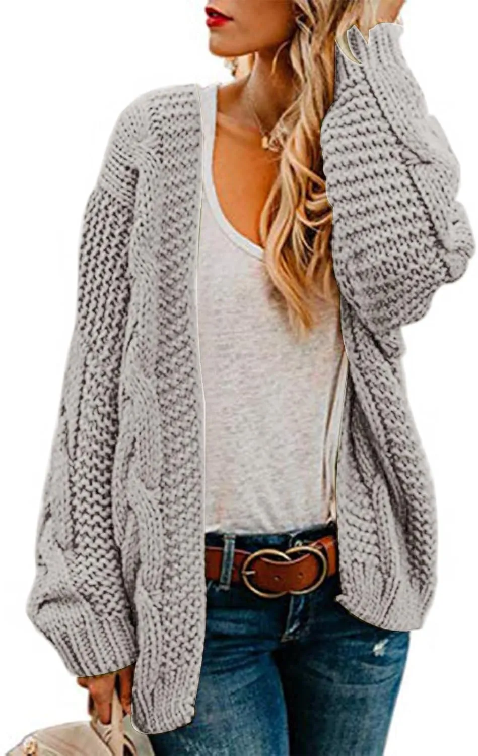 Womens 2024 Fall Open Front Chunky Knit Cardigan Sweaters Oversized Lantern Sleeve Sweater Winter Coat Outwear