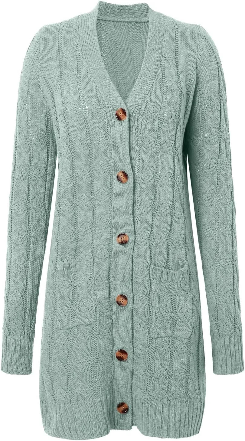 Women's 2024 Fall Winter Cardigan for Women Chunky Open Front Button Down Cable Knitted Sweater Coats with Pockets
