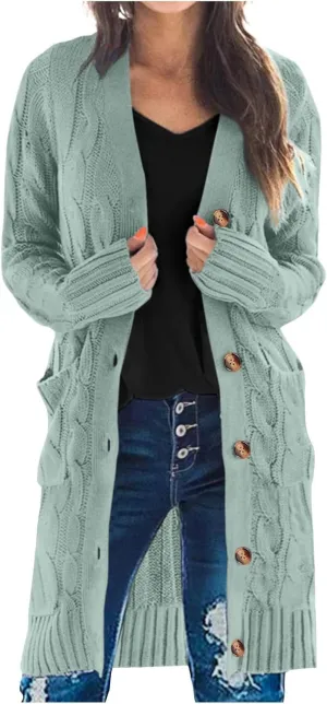Women's 2024 Fall Winter Cardigan for Women Chunky Open Front Button Down Cable Knitted Sweater Coats with Pockets