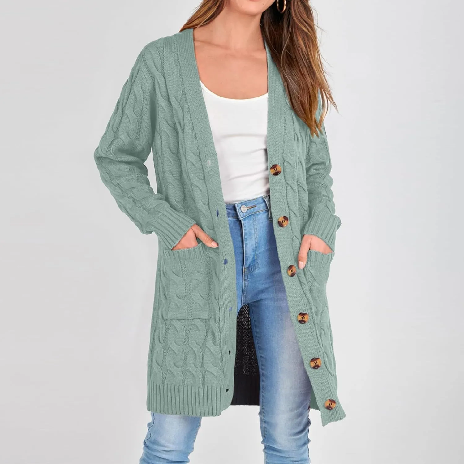 Women's 2024 Fall Winter Cardigan for Women Chunky Open Front Button Down Cable Knitted Sweater Coats with Pockets