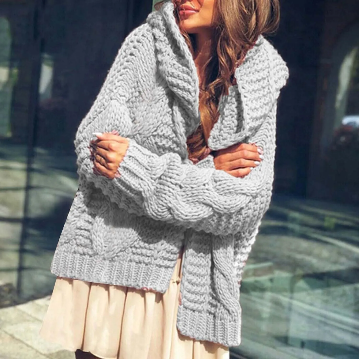 Womens 2024 Fall Winter Clothes Open Front Chunky Knit Hoodies Sweater Loose Long Sleeve Cardigan Casual Outwear Coat