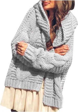 Womens 2024 Fall Winter Clothes Open Front Chunky Knit Hoodies Sweater Loose Long Sleeve Cardigan Casual Outwear Coat