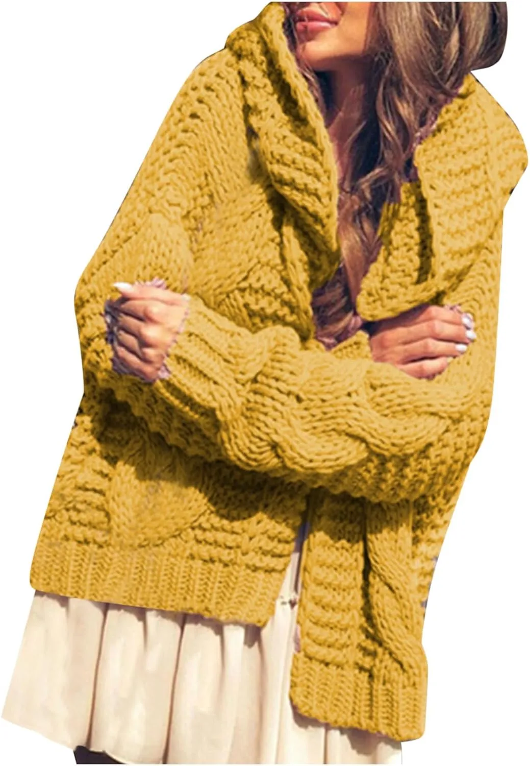 Womens 2024 Fall Winter Clothes Open Front Chunky Knit Hoodies Sweater Loose Long Sleeve Cardigan Casual Outwear Coat