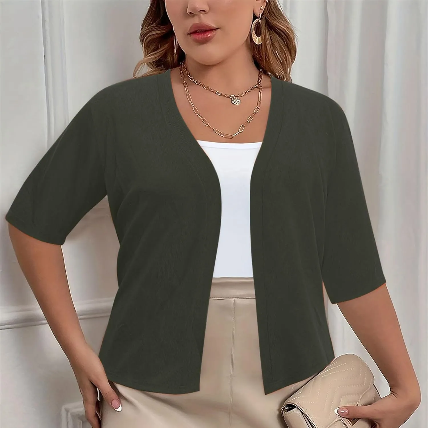 Women's 2024 Lightweight Short Sleeve V Neck Cardigans Sweaters Cropped Open Front Knit Crochet Bolero Shrugs Tops