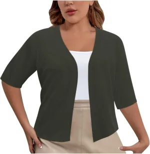 Women's 2024 Lightweight Short Sleeve V Neck Cardigans Sweaters Cropped Open Front Knit Crochet Bolero Shrugs Tops