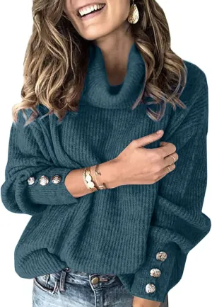 Women's 2024 Turtleneck Sweater Long Sleeve Button Stretch Kint Pullover Lightweight Winter Outfits