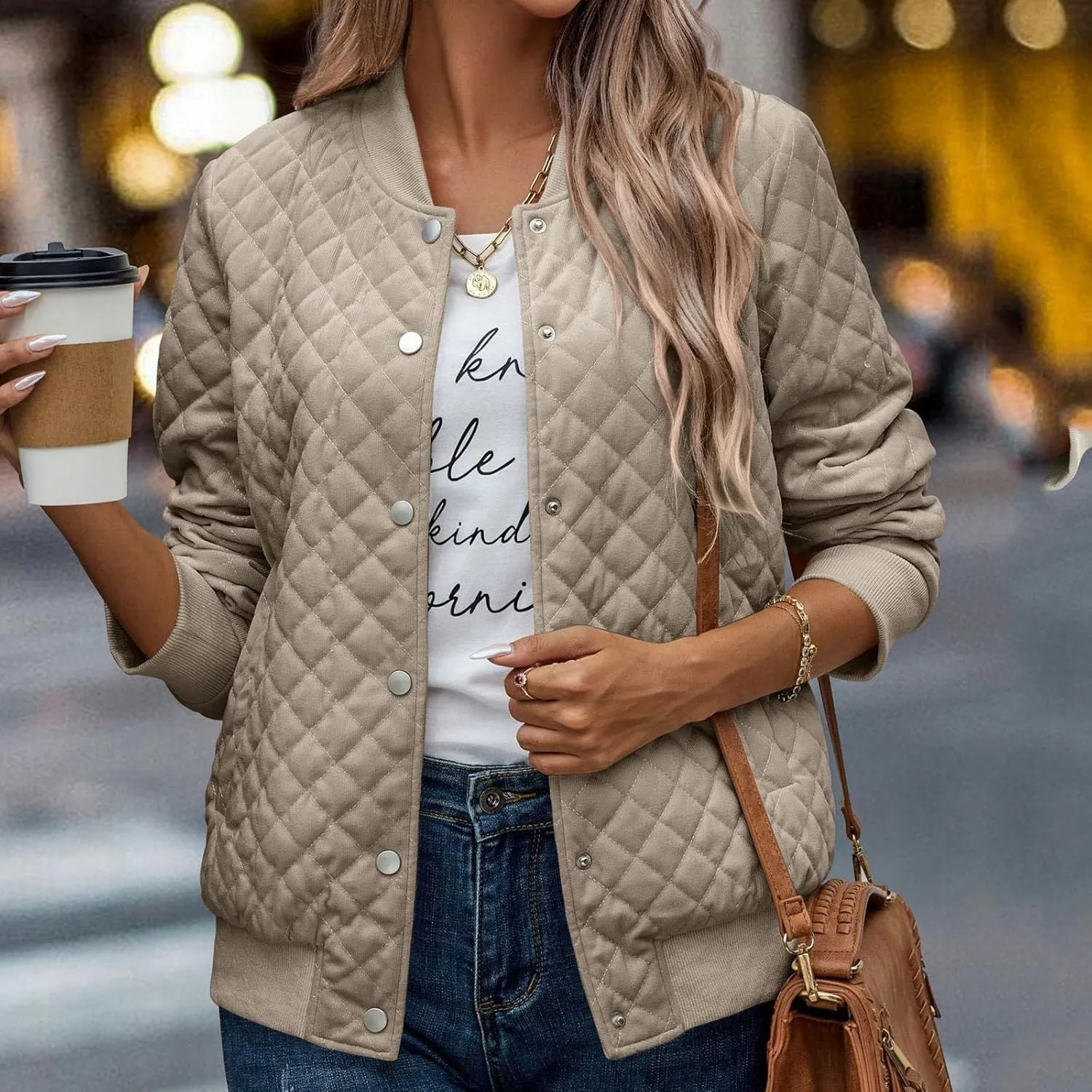 Women's Bomber Jacket 2024 Winter Trendy Coats Casual Baseball Coat Button Up Outerwear Lightweight Windbreaker Pockets