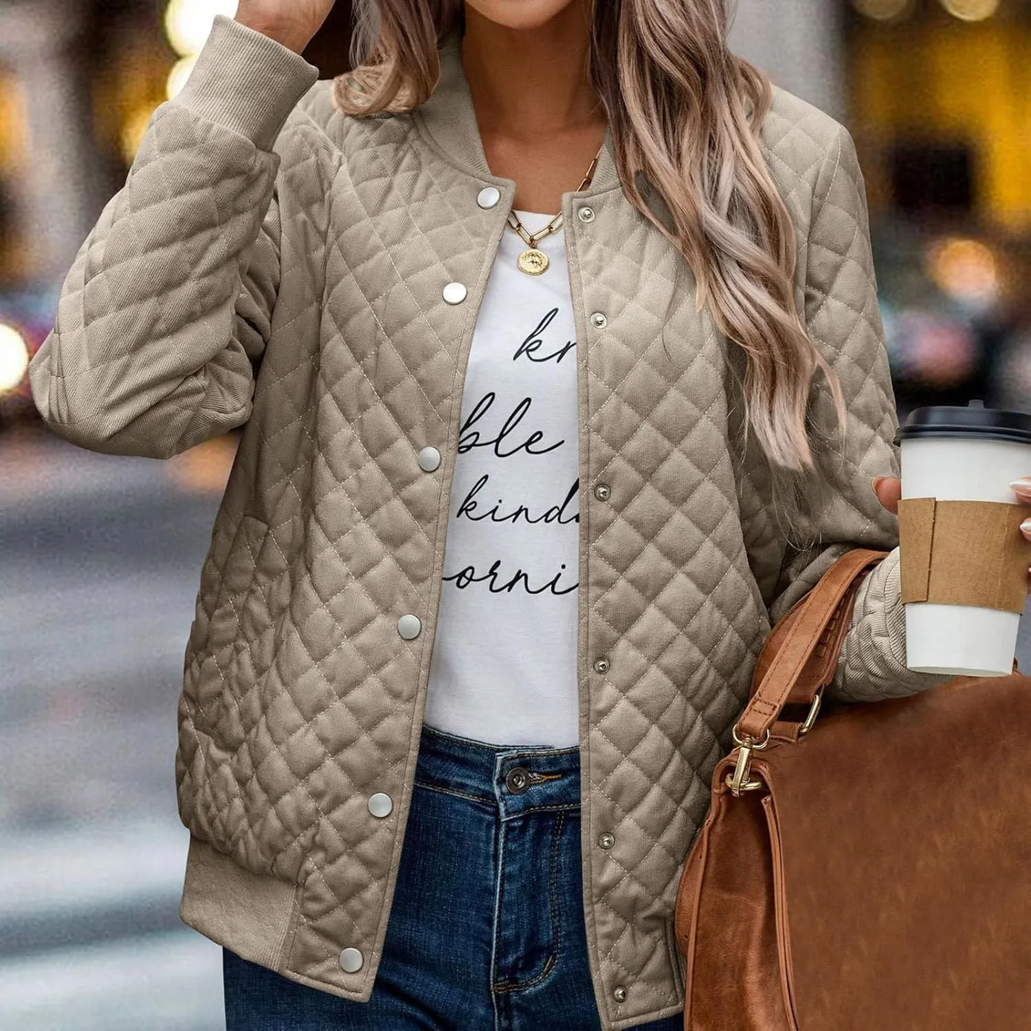 Women's Bomber Jacket 2024 Winter Trendy Coats Casual Baseball Coat Button Up Outerwear Lightweight Windbreaker Pockets