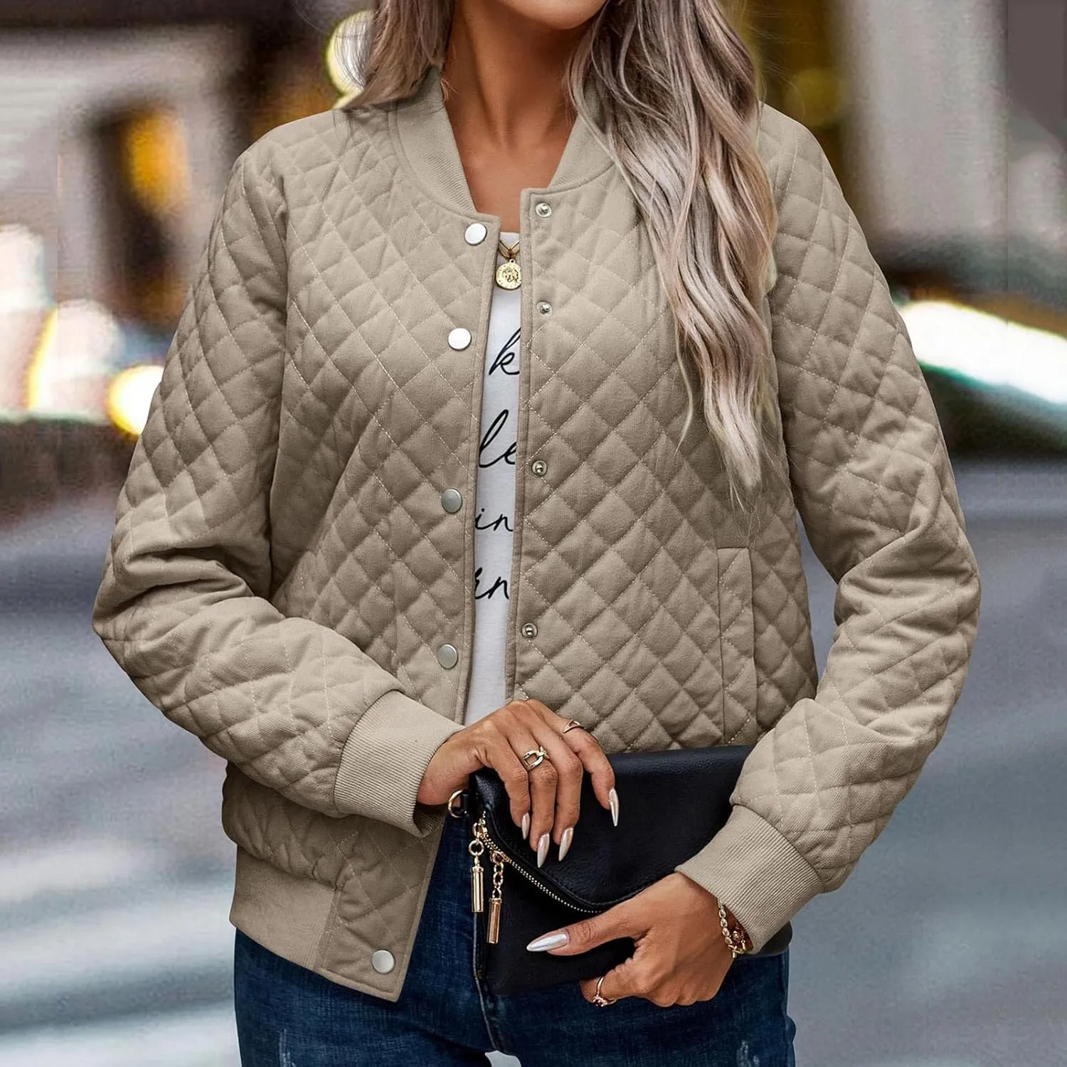 Women's Bomber Jacket 2024 Winter Trendy Coats Casual Baseball Coat Button Up Outerwear Lightweight Windbreaker Pockets