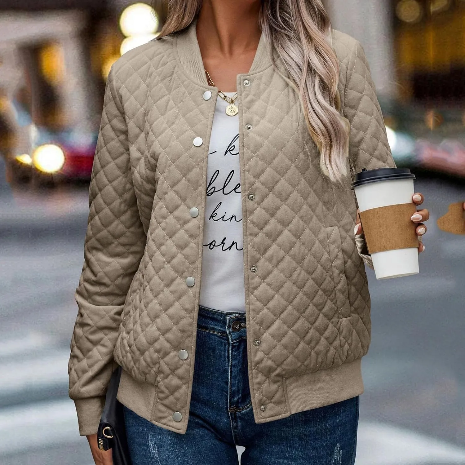 Women's Bomber Jacket 2024 Winter Trendy Coats Casual Baseball Coat Button Up Outerwear Lightweight Windbreaker Pockets