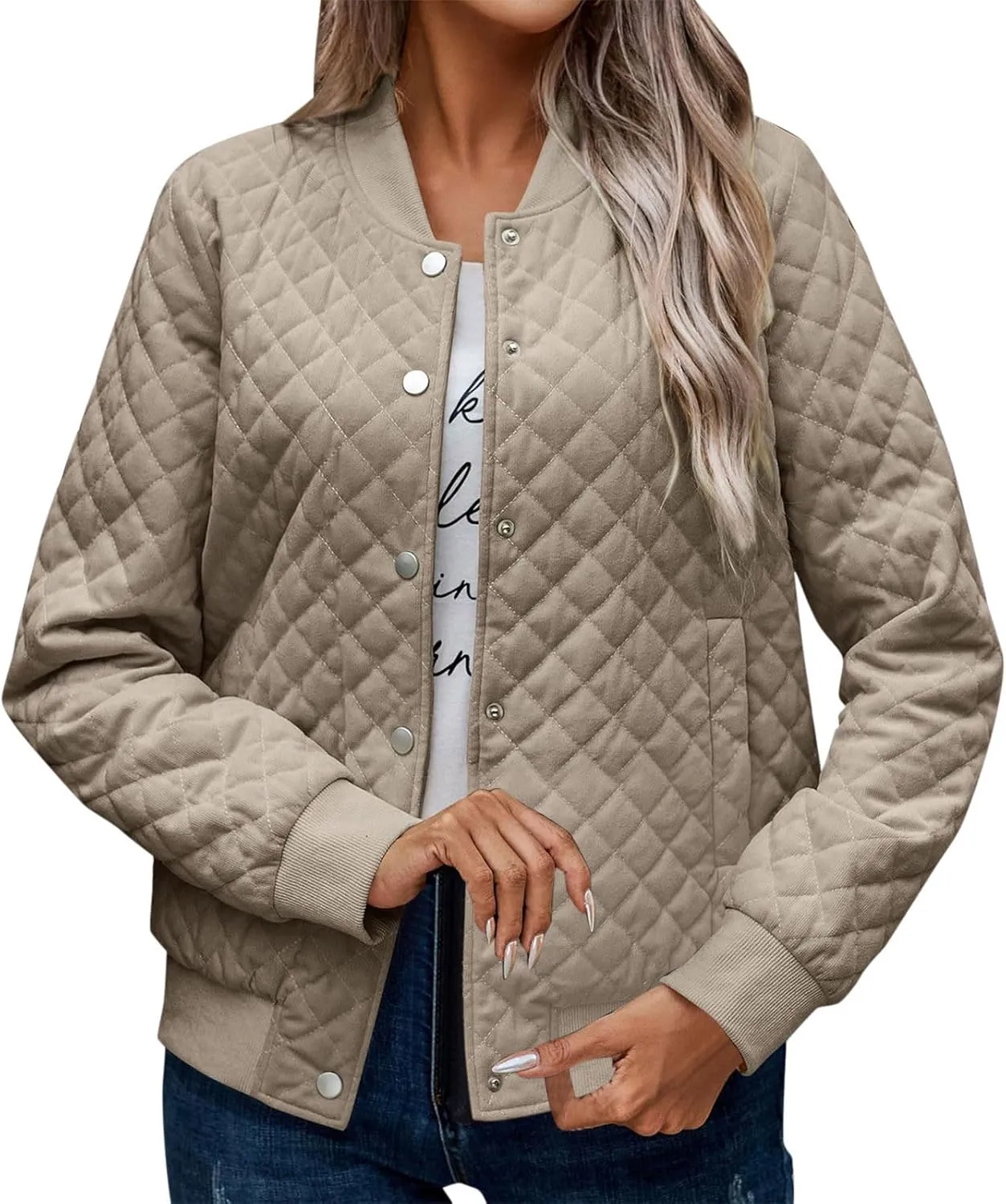 Women's Bomber Jacket 2024 Winter Trendy Coats Casual Baseball Coat Button Up Outerwear Lightweight Windbreaker Pockets