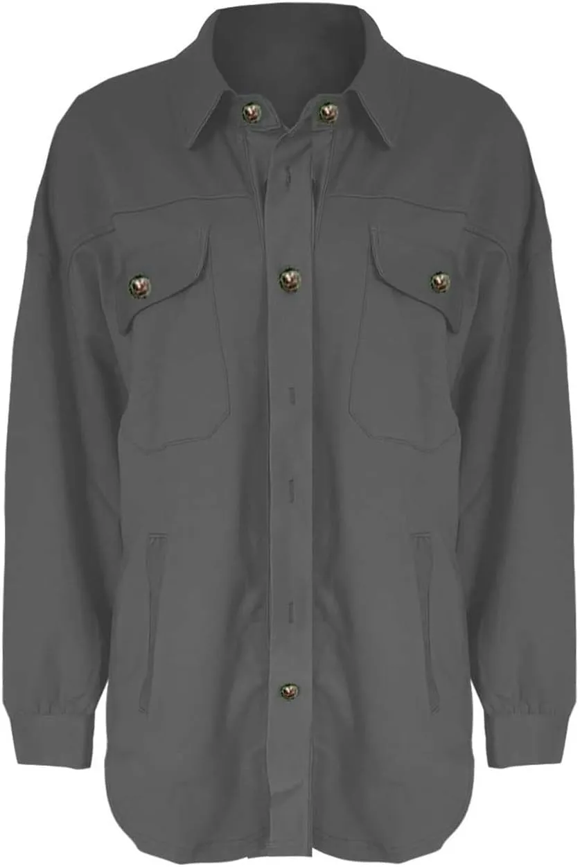 Womens Button Down Shirts 2024 Fall Casual Long Sleeve Cargo Jacket Loose Military Utility Safari Coat with Pockets
