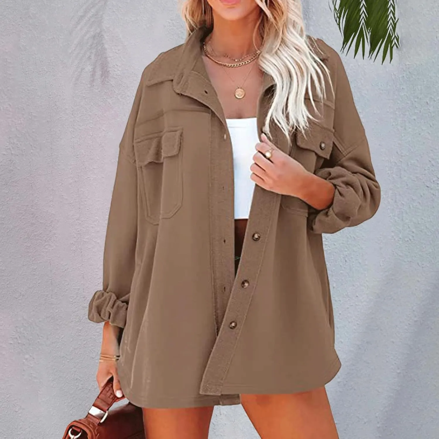 Womens Button Down Shirts 2024 Fall Casual Long Sleeve Cargo Jacket Loose Military Utility Safari Coat with Pockets