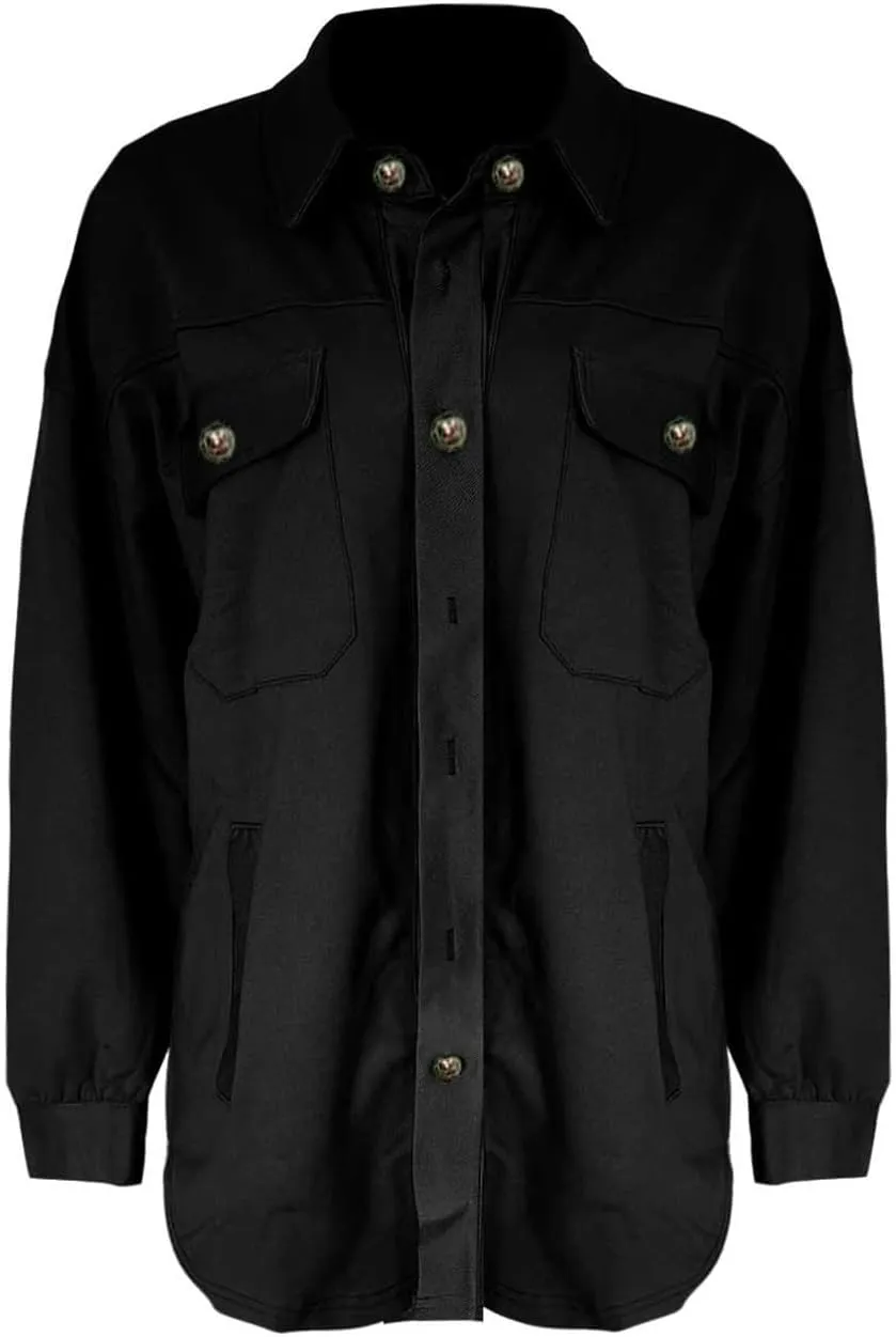 Womens Button Down Shirts 2024 Fall Casual Long Sleeve Cargo Jacket Loose Military Utility Safari Coat with Pockets