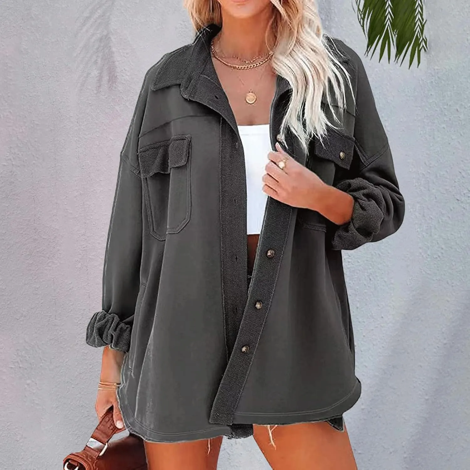 Womens Button Down Shirts 2024 Fall Casual Long Sleeve Cargo Jacket Loose Military Utility Safari Coat with Pockets