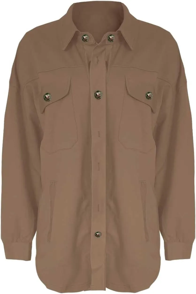 Womens Button Down Shirts 2024 Fall Casual Long Sleeve Cargo Jacket Loose Military Utility Safari Coat with Pockets
