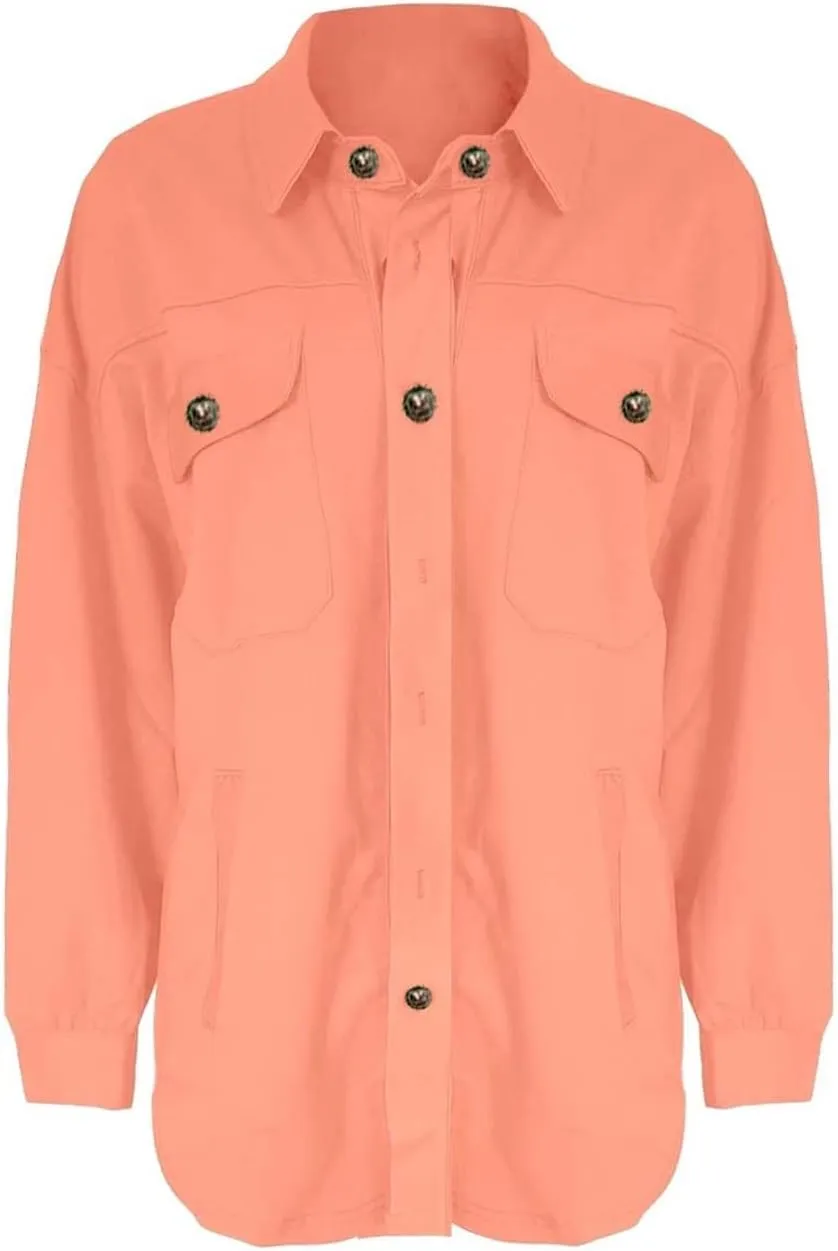 Womens Button Down Shirts 2024 Fall Casual Long Sleeve Cargo Jacket Loose Military Utility Safari Coat with Pockets