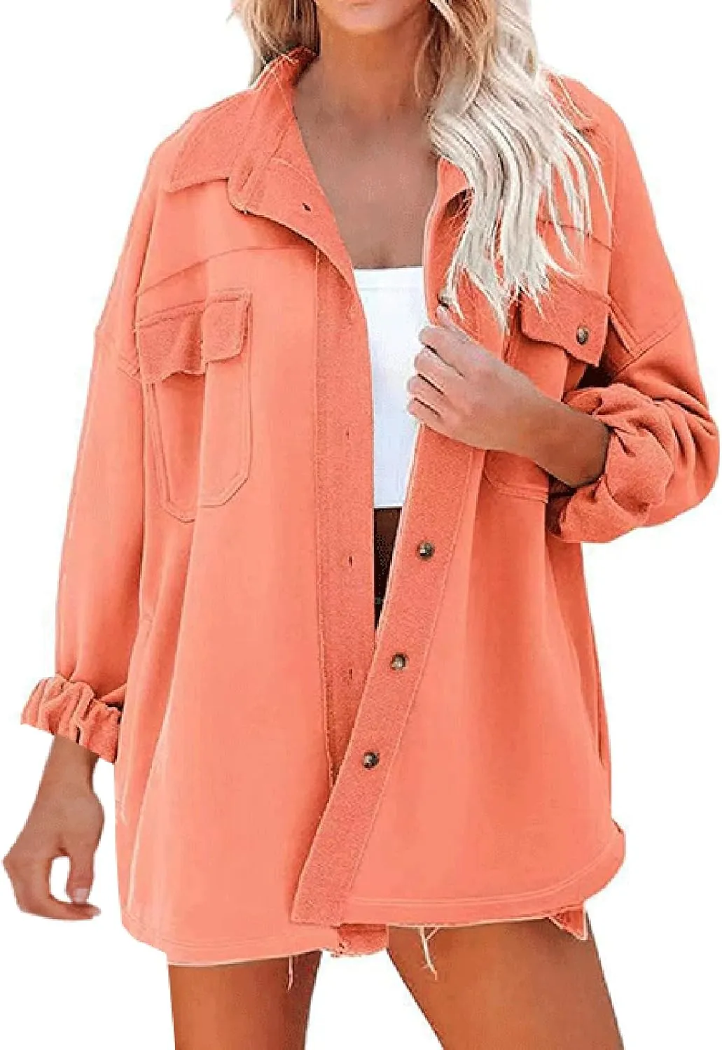 Womens Button Down Shirts 2024 Fall Casual Long Sleeve Cargo Jacket Loose Military Utility Safari Coat with Pockets