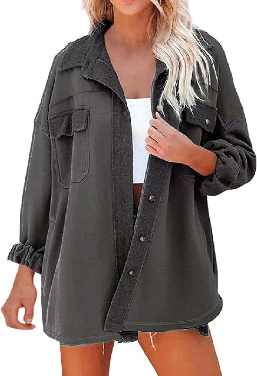 Womens Button Down Shirts 2024 Fall Casual Long Sleeve Cargo Jacket Loose Military Utility Safari Coat with Pockets
