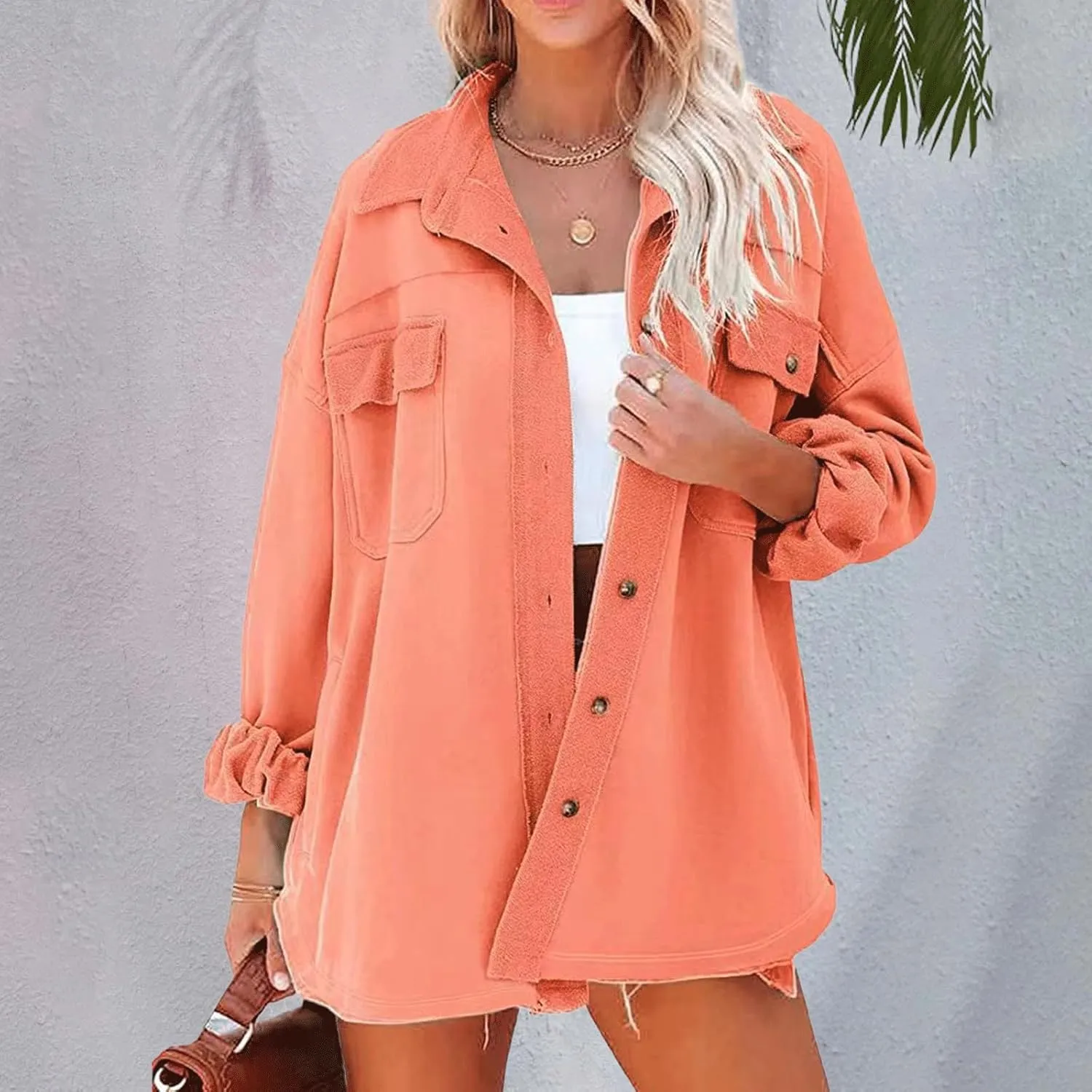 Womens Button Down Shirts 2024 Fall Casual Long Sleeve Cargo Jacket Loose Military Utility Safari Coat with Pockets