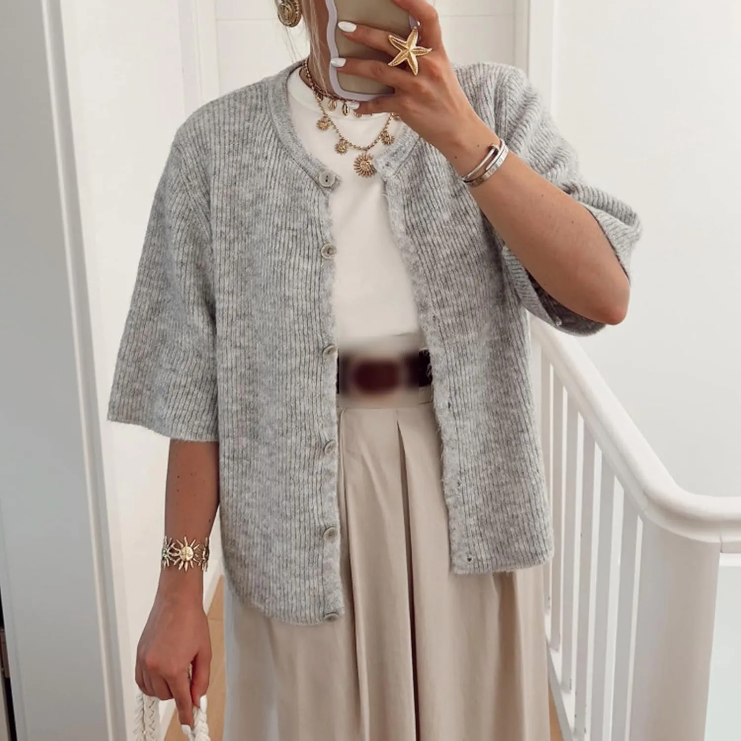 Womens Button Up Short Sleeve Cardigans Sweater Cropped Lightweight Round Neck Elegant Knit Tops with Pockets