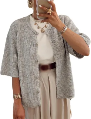 Womens Button Up Short Sleeve Cardigans Sweater Cropped Lightweight Round Neck Elegant Knit Tops with Pockets