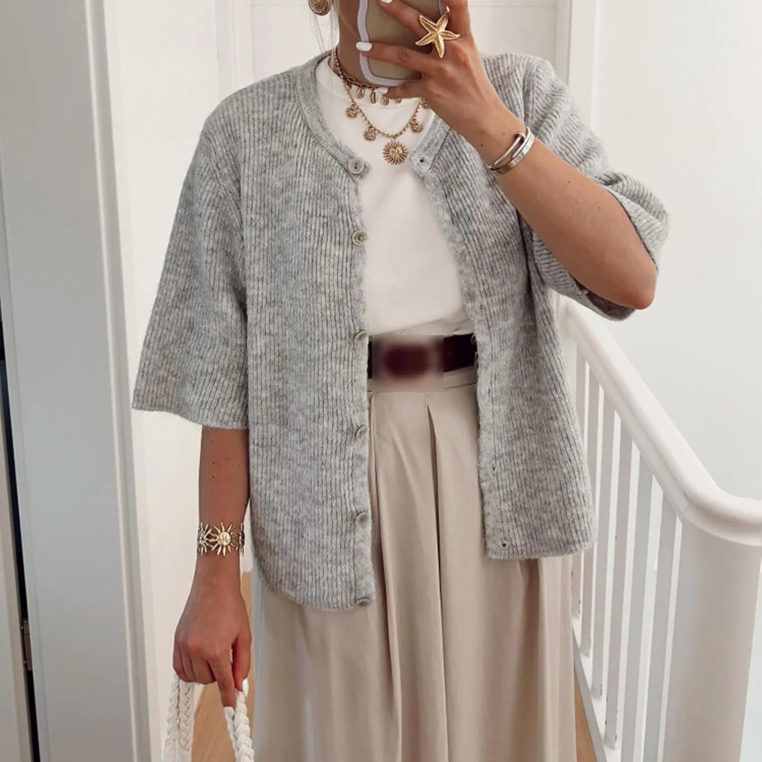 Womens Button Up Short Sleeve Cardigans Sweater Cropped Lightweight Round Neck Elegant Knit Tops with Pockets