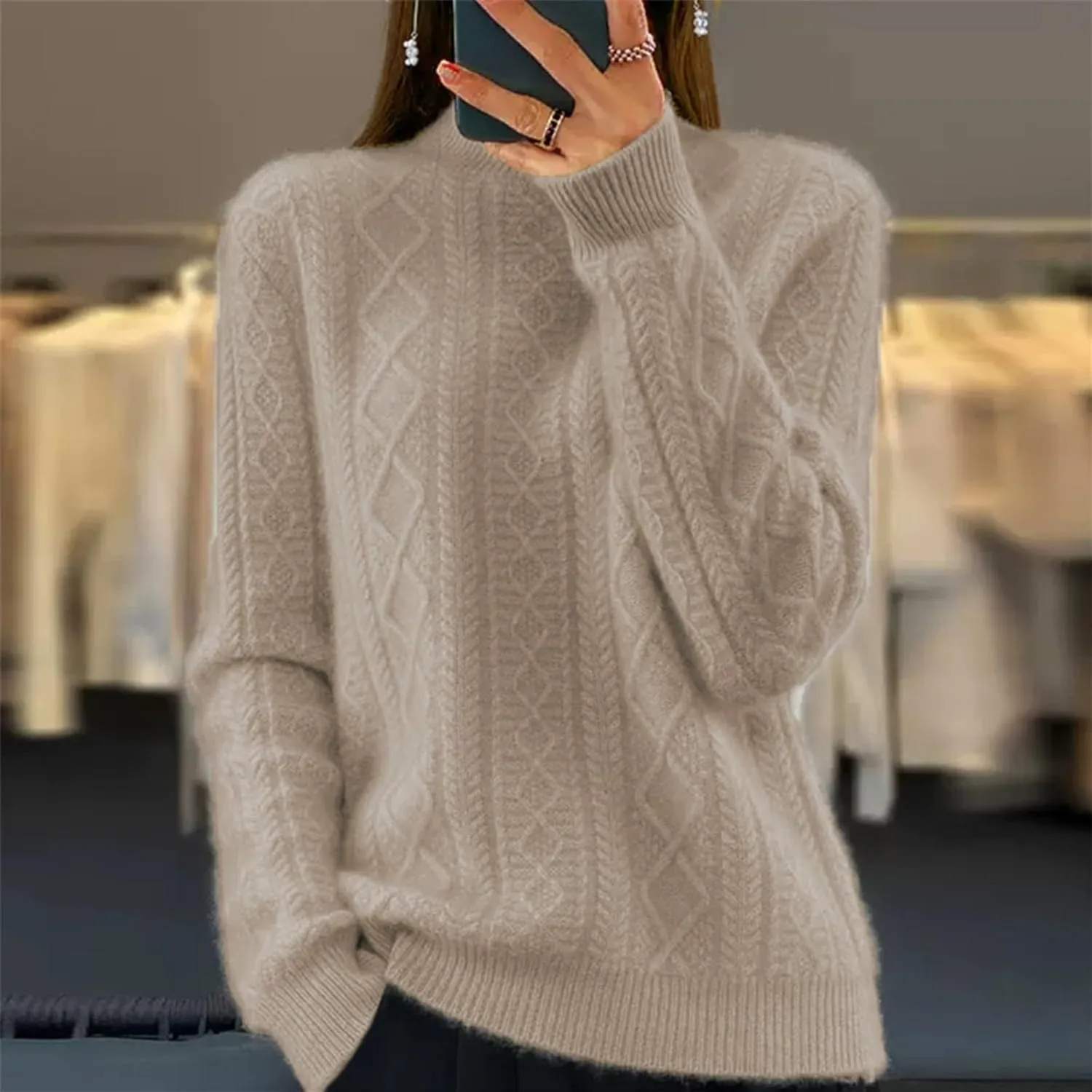 Women's Cable Knit Long Sleeve V Neck Turtleneck Sweaters Vintage Chunky Argyle Sweater Pullover Top for Fall Winter